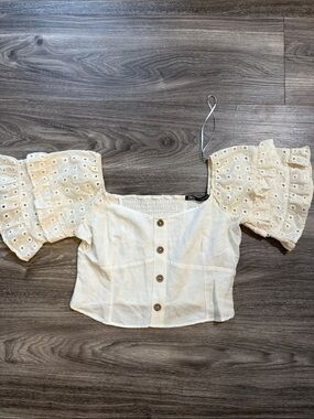 Zara Off-The-Shoulder Eyelet Ruffle Sleeve Crop Top Medium